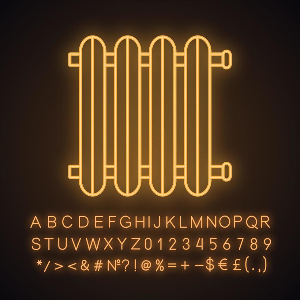 Radiator neon light icon. Heating battery. Heater. Glowing sign with alphabet, numbers and symbols. Vector isolated illustration