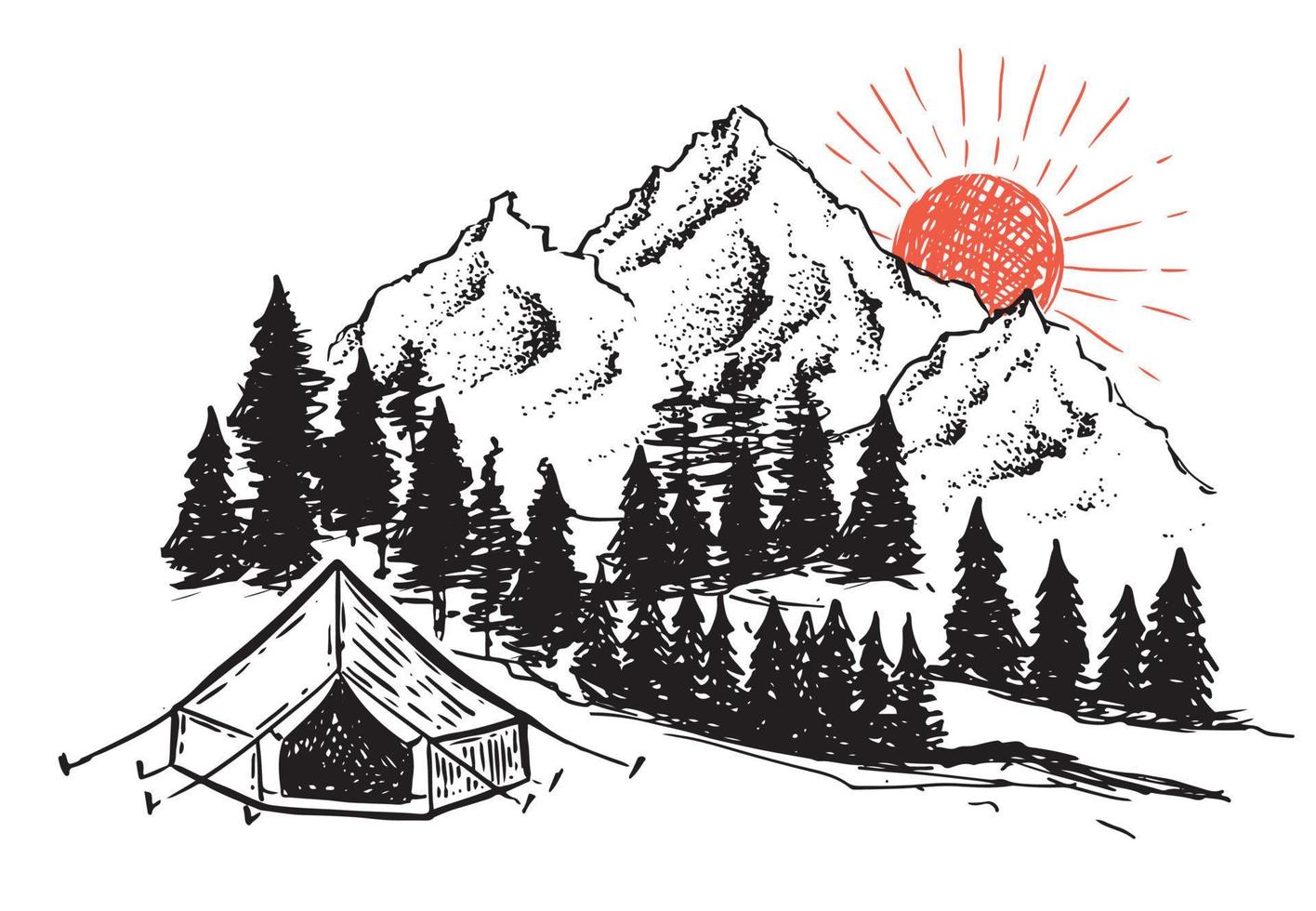 acampar en la naturaleza, paisaje montañoso, estilo boceto, ilustraciones vectoriales. vector