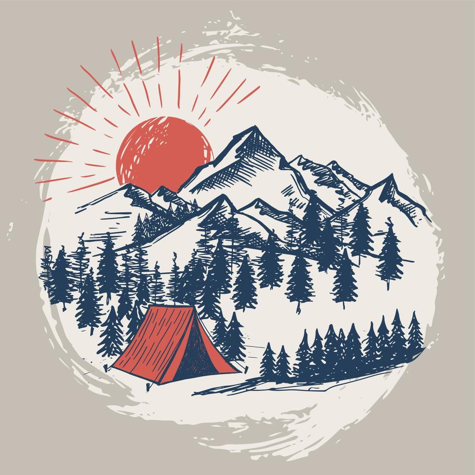 Camping in nature, Mountain landscape, sketch style, vector illustrations.