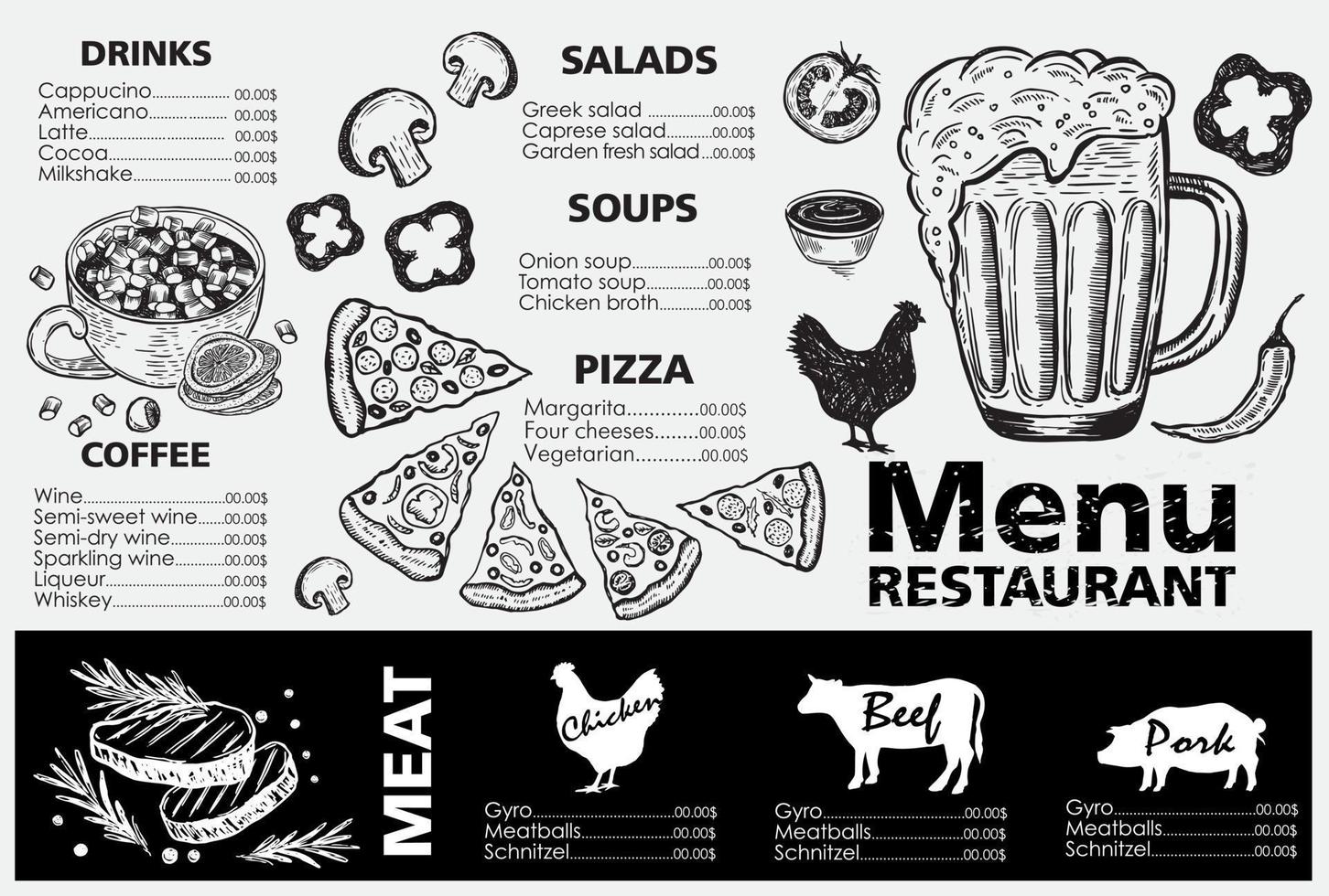 Menu. Vector hand drawn illustration. Design template.