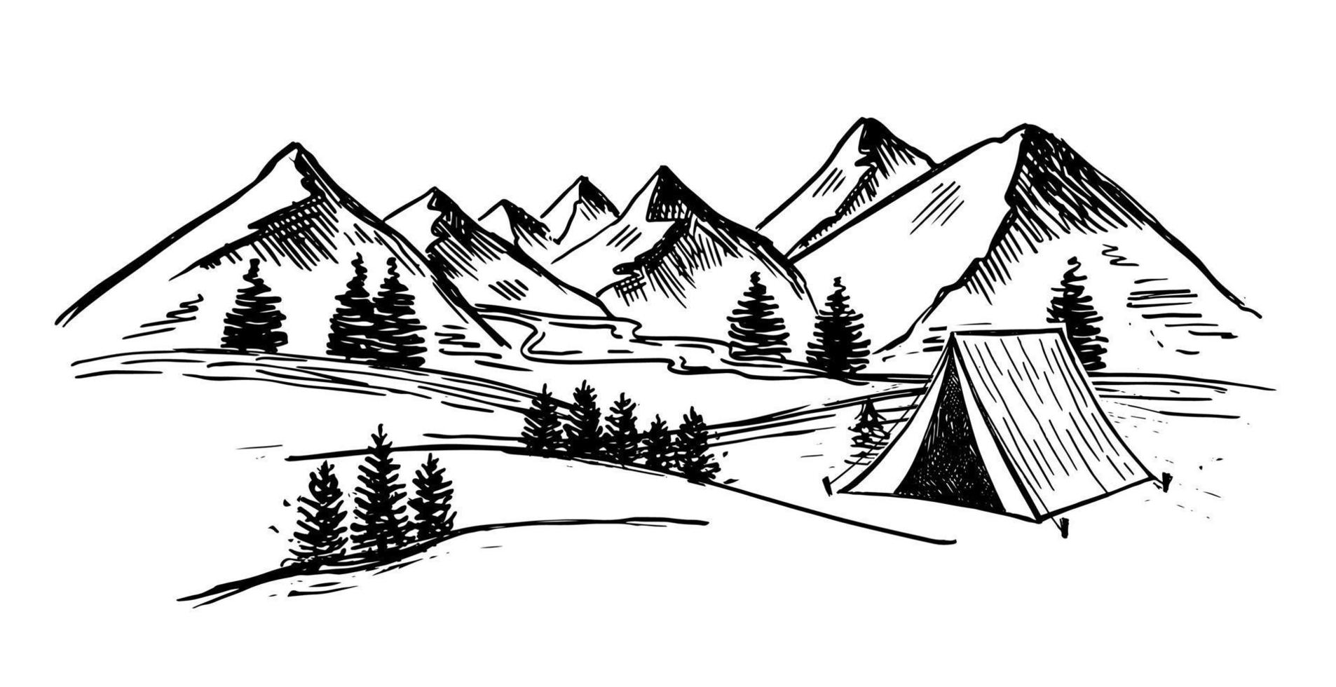 boceto de camping en la naturaleza, paisaje de montaña, ilustraciones vectoriales. vector