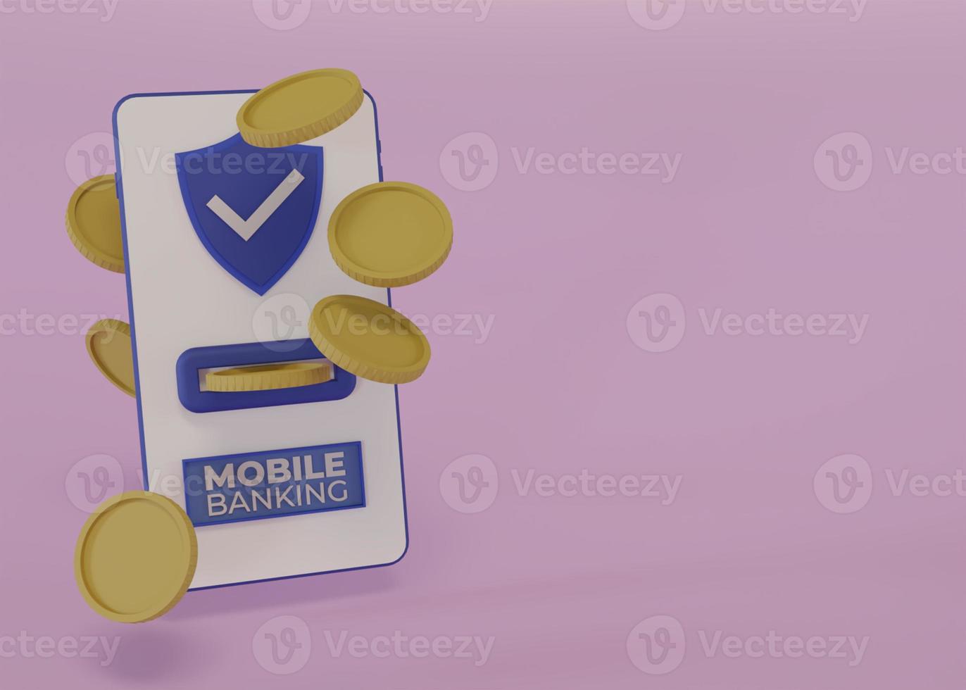 3d rendering of mobile phone with gold coins and protective shield, safe concept using investment savings via mobile phone photo