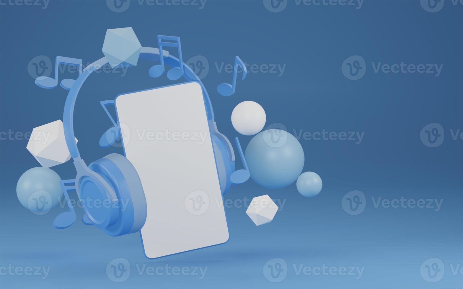 3d rendering of blue mobile phone and headphones scene, mockup concept for music app on app, web and desktop photo