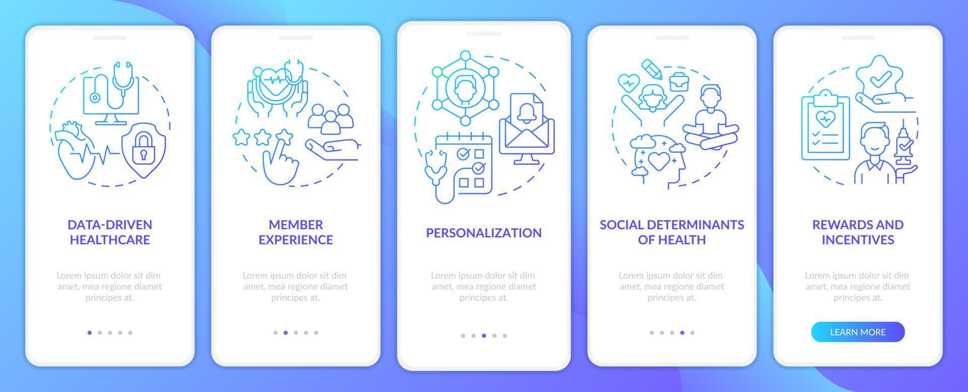 Pantalla de aplicación móvil de incorporación de degradado azul de tendencias macro de atención médica. tutorial 5 pasos páginas de instrucciones gráficas con conceptos lineales. interfaz de usuario, ux, plantilla de interfaz gráfica de usuario. vector