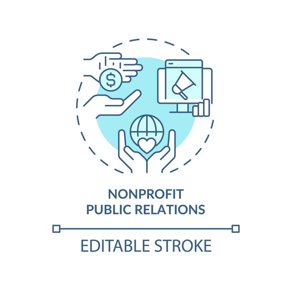 Nonprofit public relations turquoise concept icon. Types of PR firms abstract idea thin line illustration. Isolated outline drawing. Editable stroke. vector