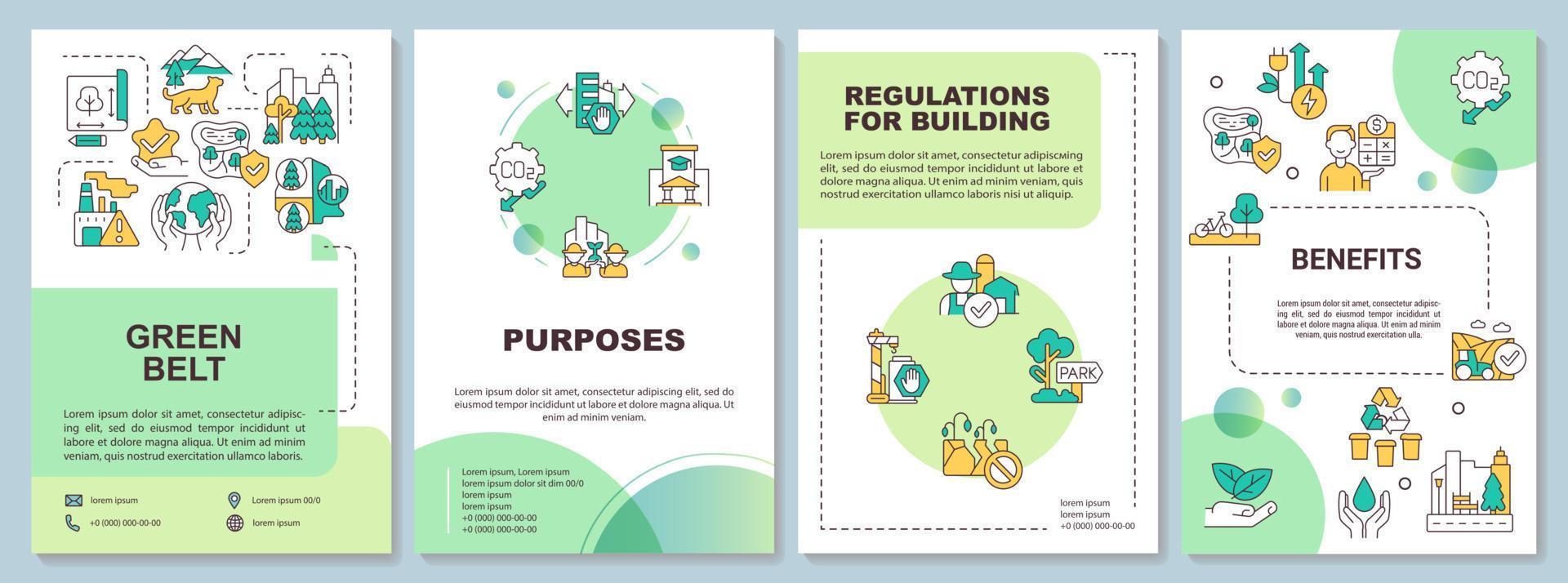Green belt areas brochure template. Purposes and benefits. Leaflet design with linear icons. 4 vector layouts for presentation, annual reports.