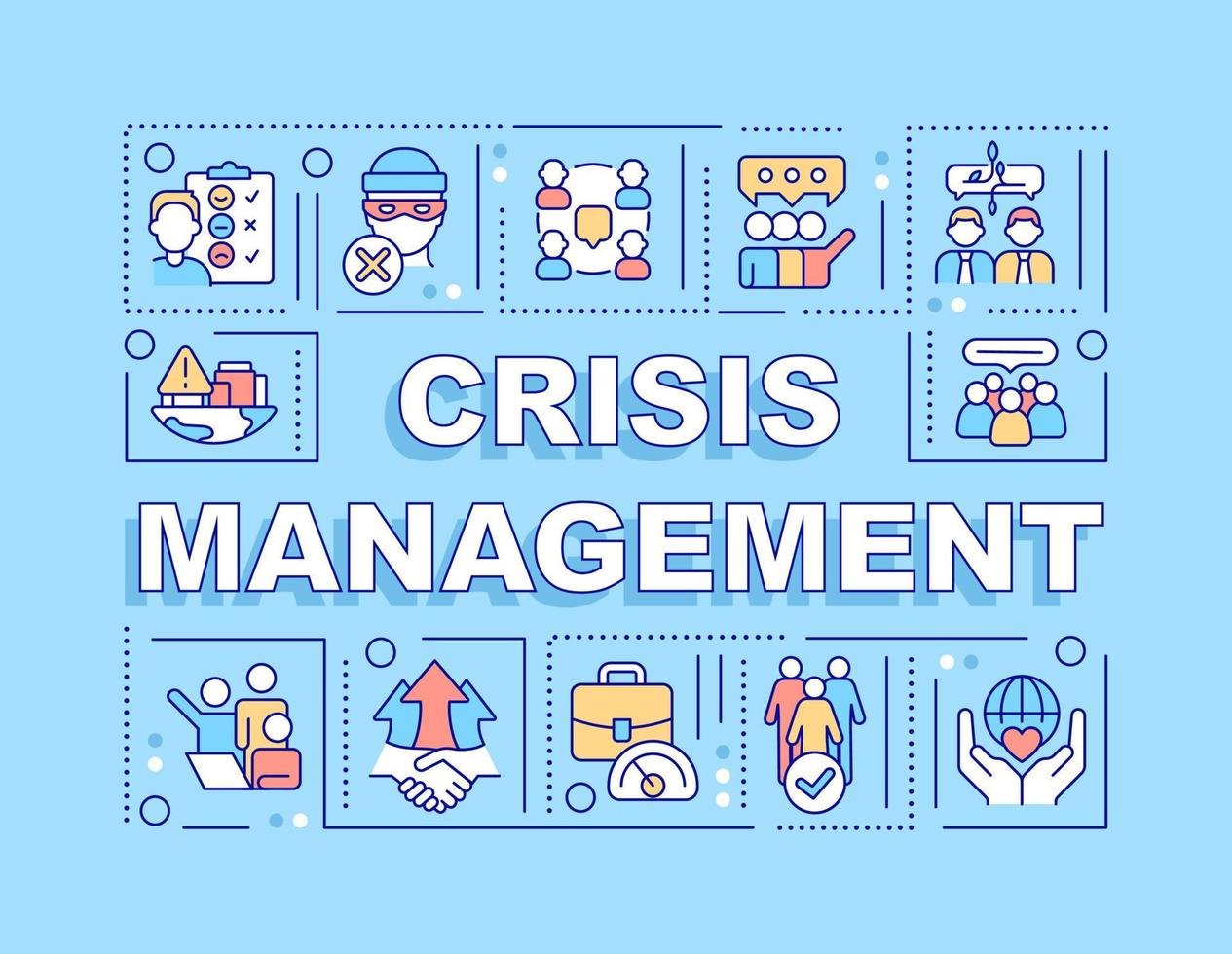 Crisis management word concepts blue banner. Solving PR issues. Infographics with icons on color background. Isolated typography. Vector illustration with text.