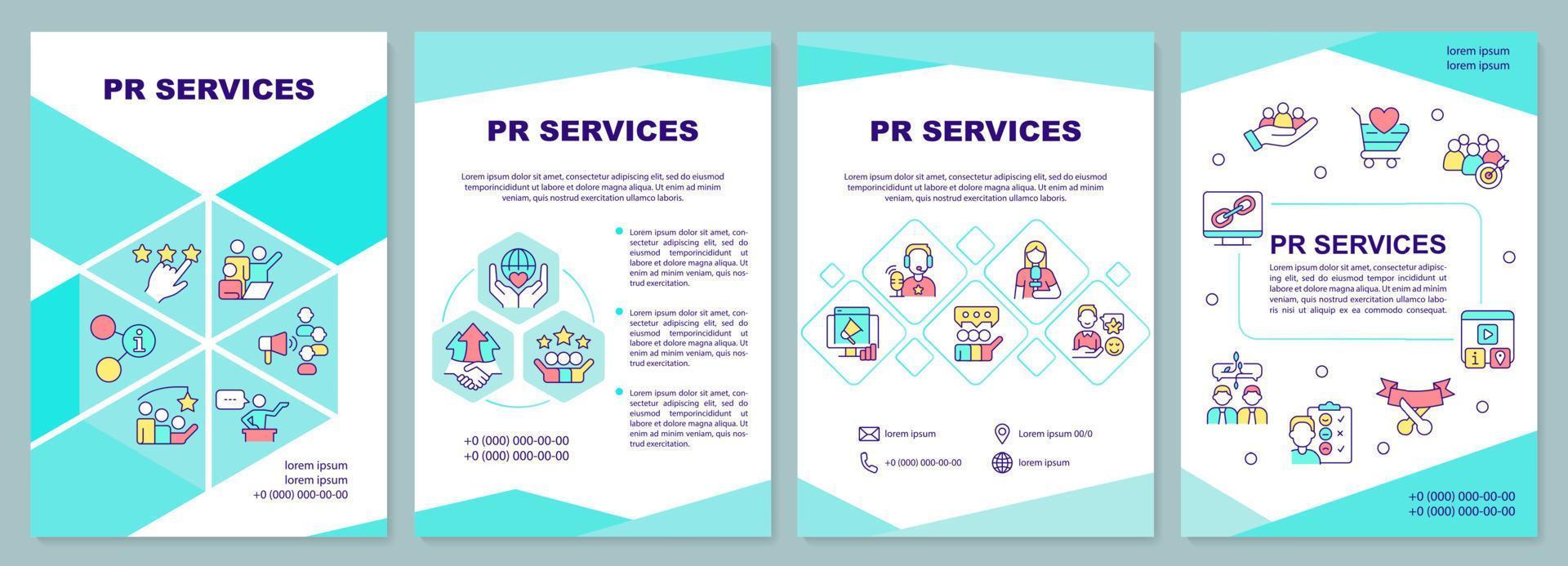 plantilla de folleto de menta de servicios de relaciones públicas. reputación de la organización. diseño de folletos con iconos lineales. 4 diseños vectoriales para presentación, informes anuales. vector