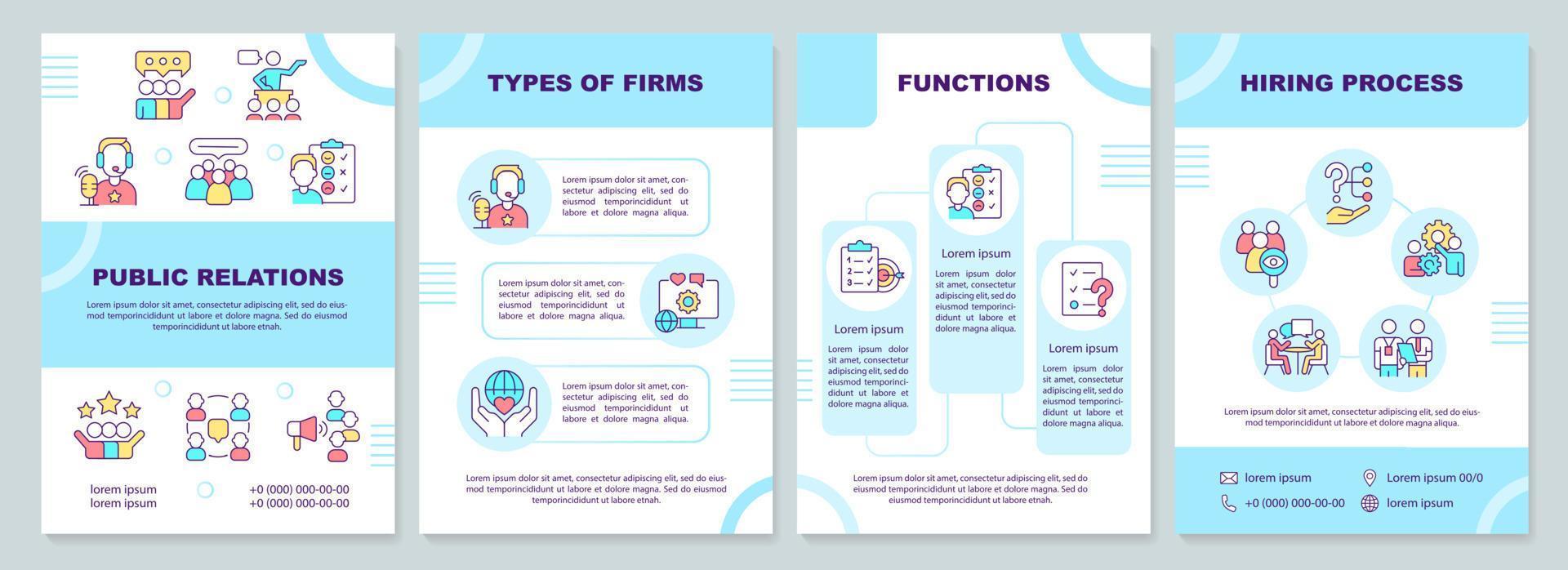 PR blue brochure template. Public relations for business. Leaflet design with linear icons. 4 vector layouts for presentation, annual reports.