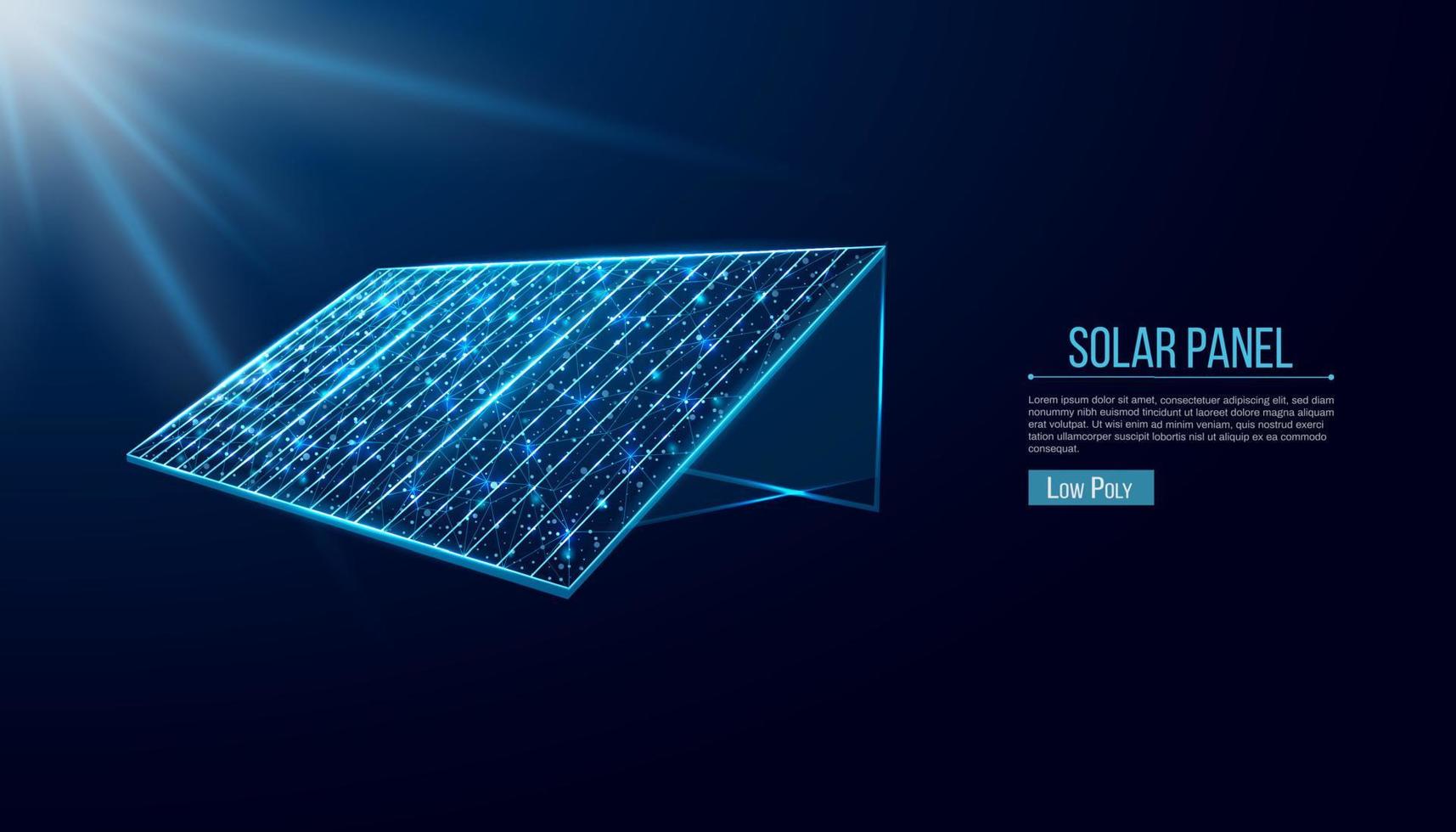 Solar battery, solar panel. Renewable alternative energy concept with glowing low poly panel on dark blue background. Wireframe low poly design. Abstract futuristic vector illustration