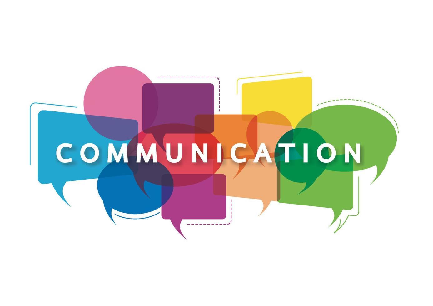 Vector illustration of a communication concept. The word communication with colorful dialog speech bubbles