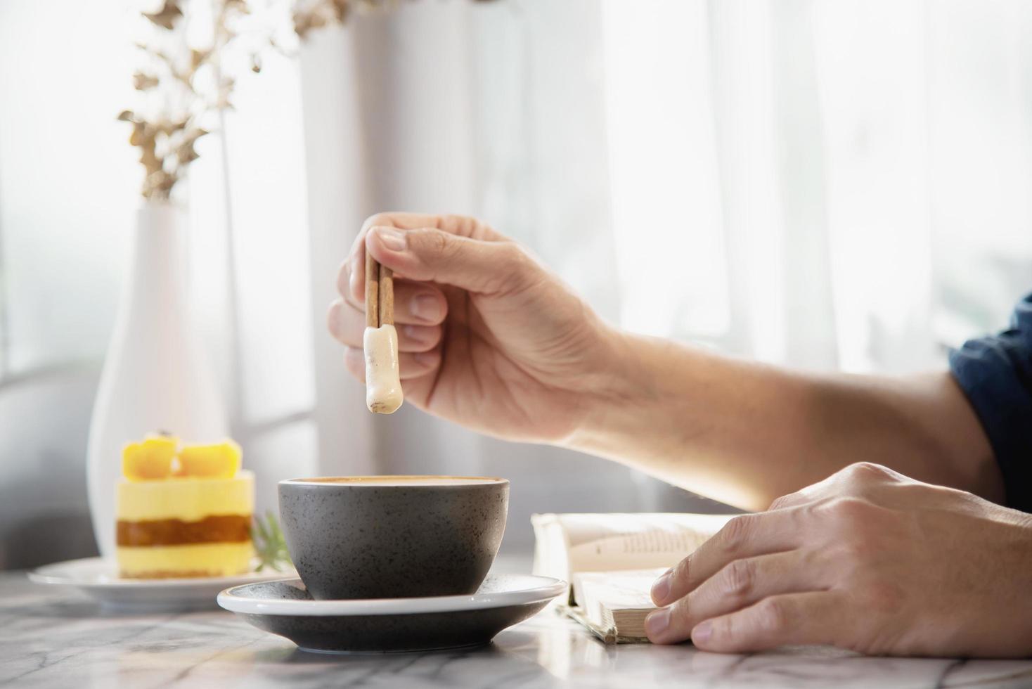 People serve beautiful fresh relax morning coffee cup set - people with coffee set background concept photo