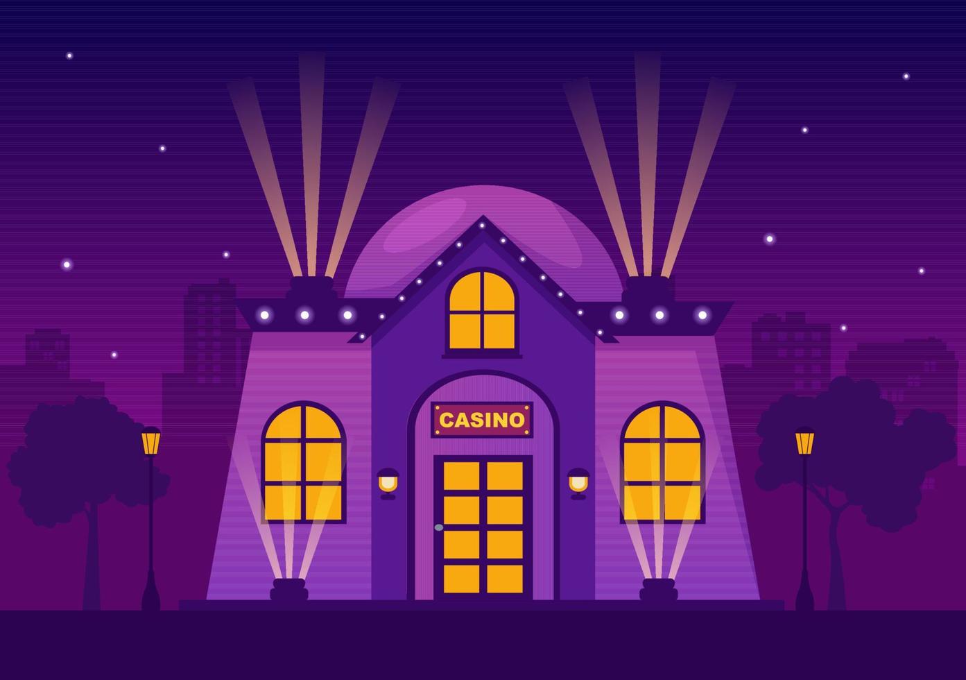 Casino Building Cartoon Illustration with Architecture, Lights and Purple Background for Gambling Style Design vector