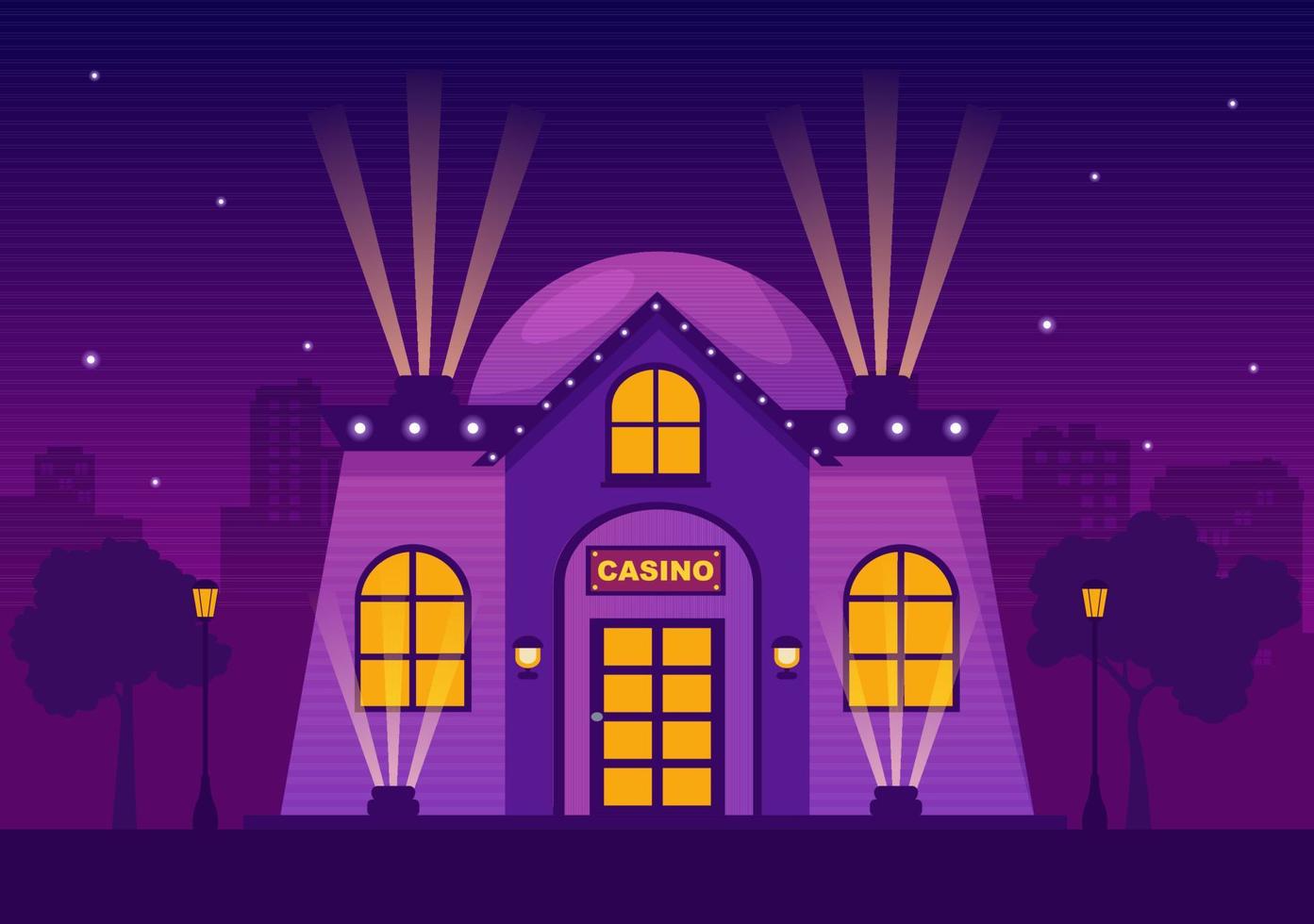 ilustración de dibujos animados de construcción de casino con arquitectura, luces y fondo púrpura para el diseño de estilo de juego vector