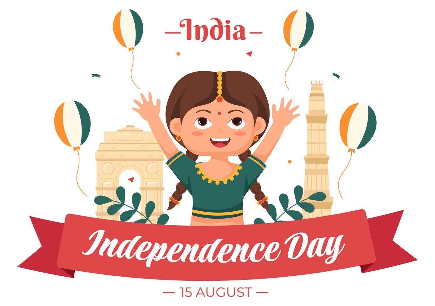 feliz día de la independencia india que se celebra cada agosto con banderas, personajes de personas y ruedas ashoka en la ilustración de estilo de dibujos animados vector