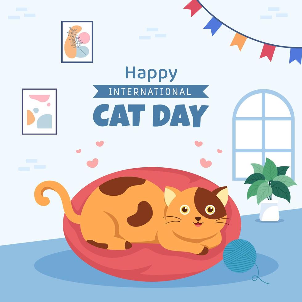 International Cat Day Social Media Template Flat Cartoon Background Vector Illustration