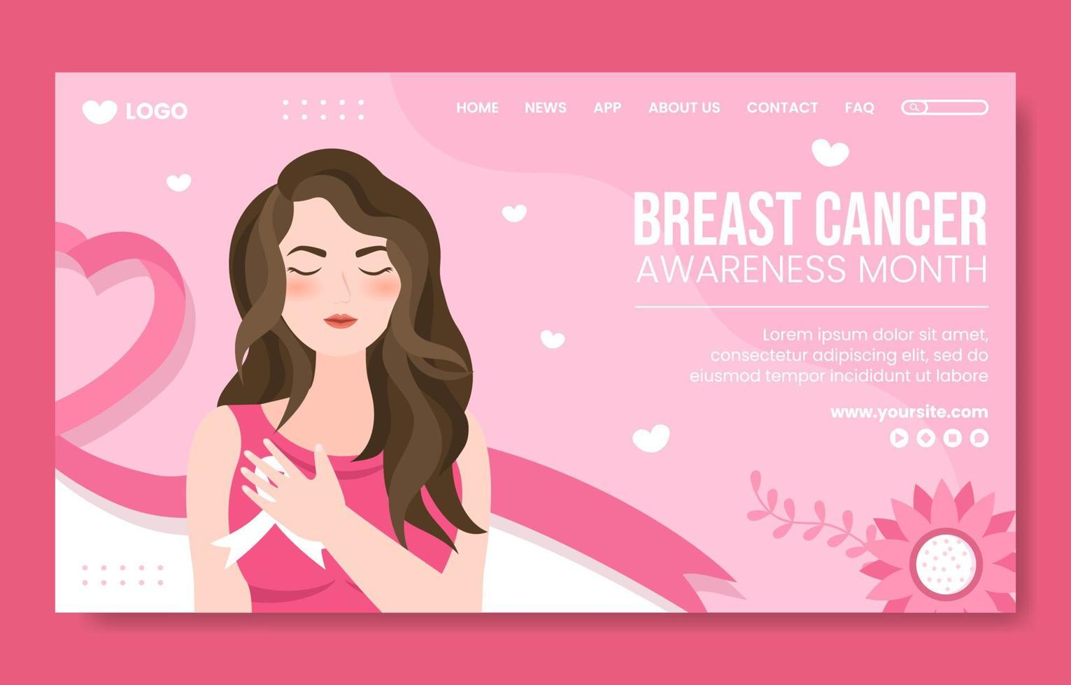 mes de concientización sobre el cáncer de mama plantilla de página de destino de redes sociales ilustración de vector de fondo de dibujos animados plana