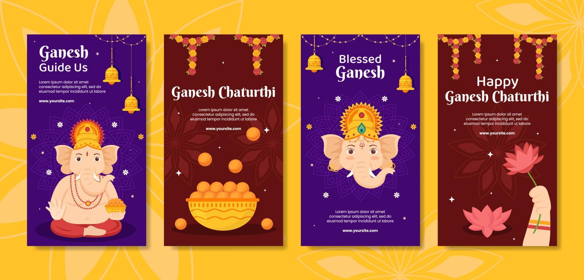 Happy Ganesh Chaturthi Social Media Stories Template Flat Cartoon Background Vector Illustration