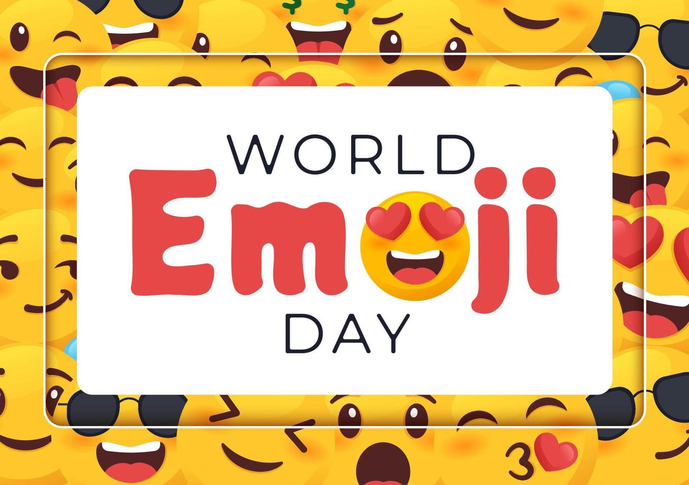 celebración del día mundial del emoji con eventos y lanzamientos de productos en diferentes expresiones faciales forma de caricatura linda en ilustración de fondo plano vector