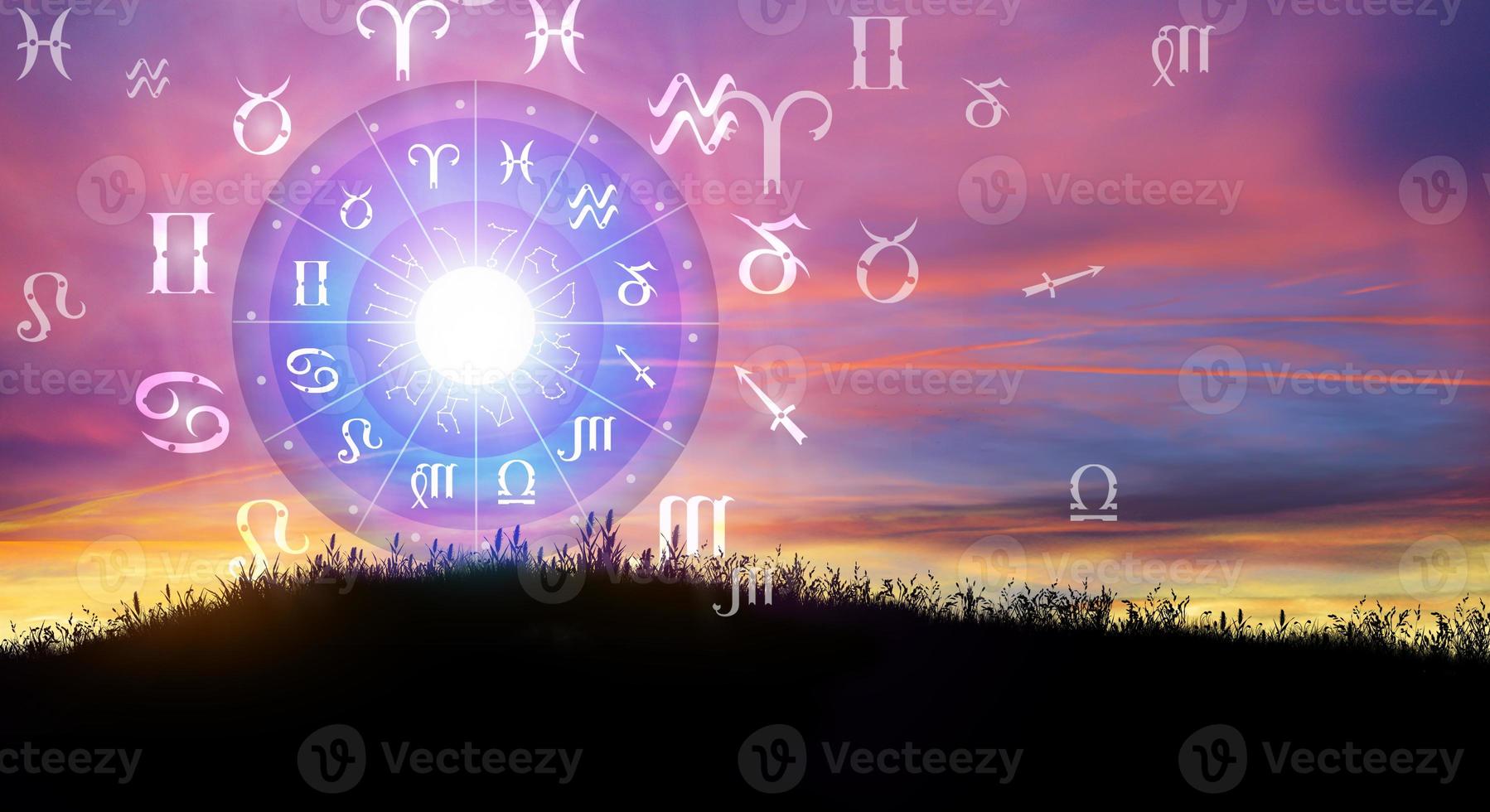 Astrological zodiac signs inside of horoscope circle. The power of the universe concept. photo