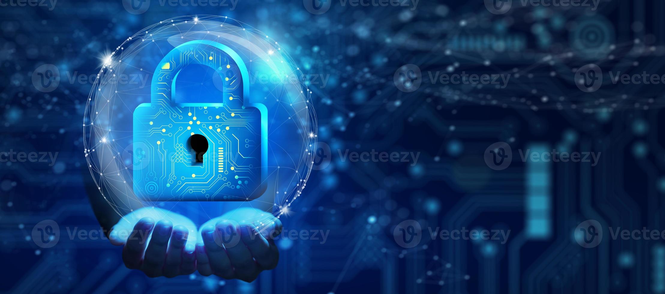 Padlock with Keyhole in data security on circuit. Modern safety digital Concept photo