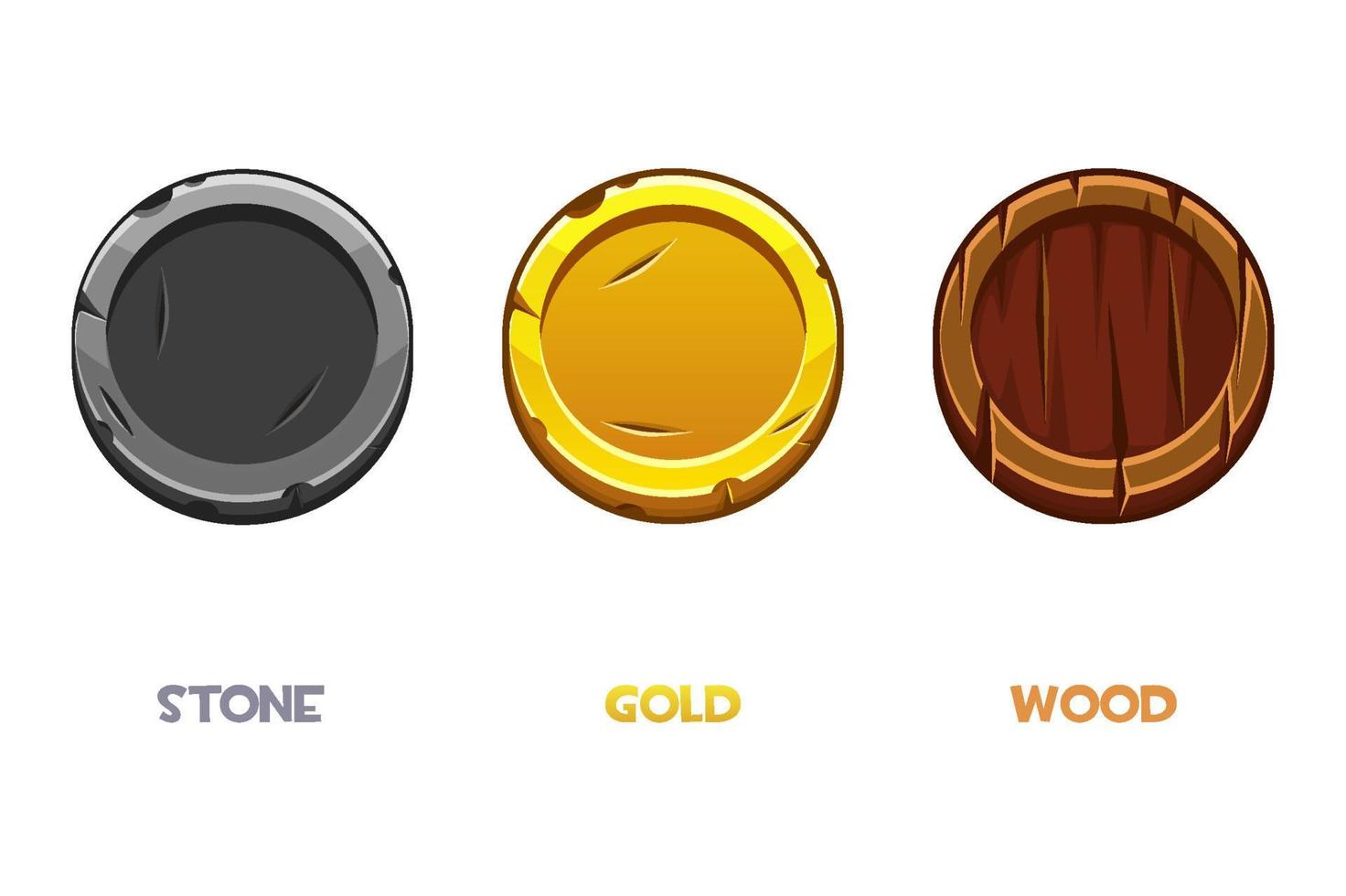 Cartoon coins gold, stone, wooden, round money templates for the game. Vector illustration of a set of old vintage coins.