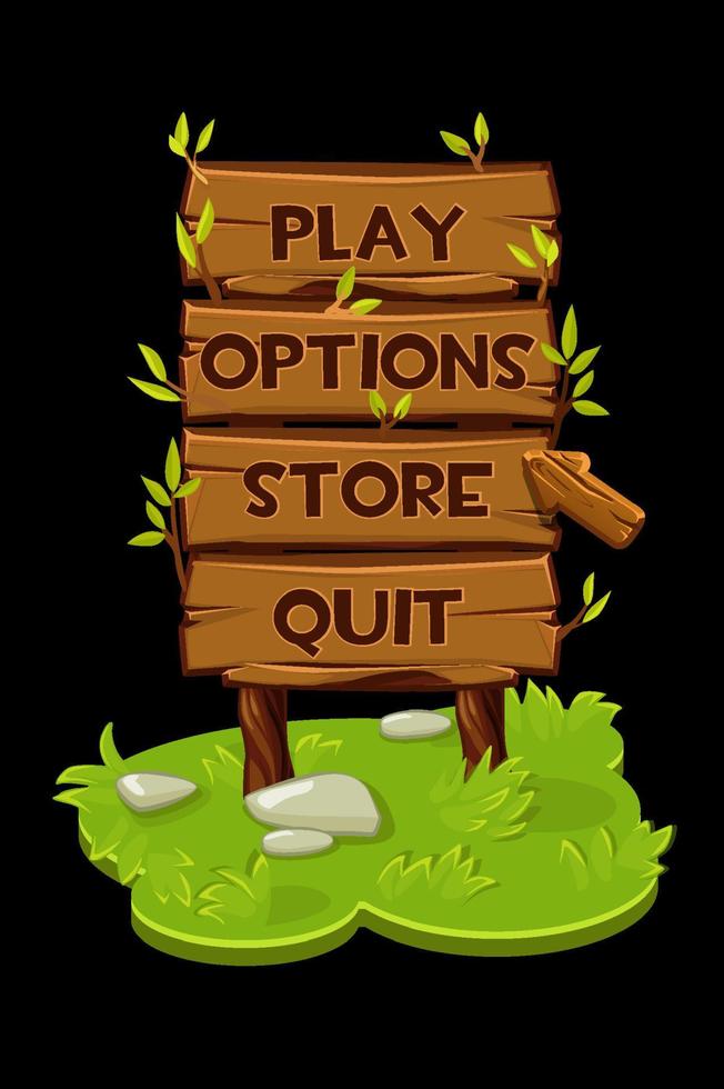 Wooden panel icons, banner with arrow for the game. Vector illustration of an isometric lawn with grass.