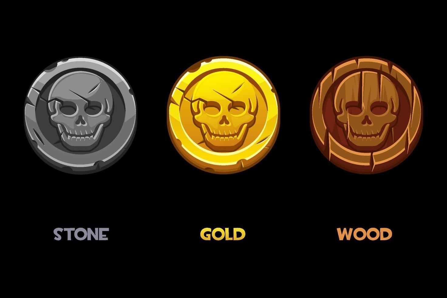 Pirate black mark, gold, wooden, stone coins with a skull. Vector set of round old money with cartoon pirate skull.
