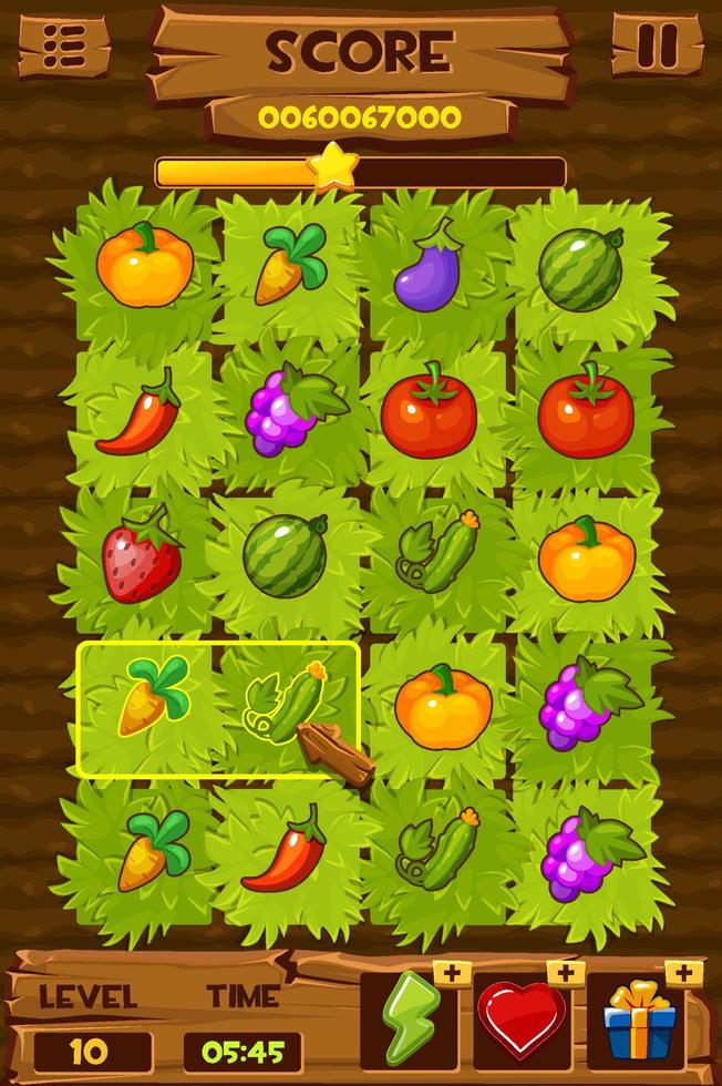 lechos de verduras, campo de cultivo con arbustos verdes para un juego match3. ilustración vectorial de un diseño completo con bayas y frutas. vector