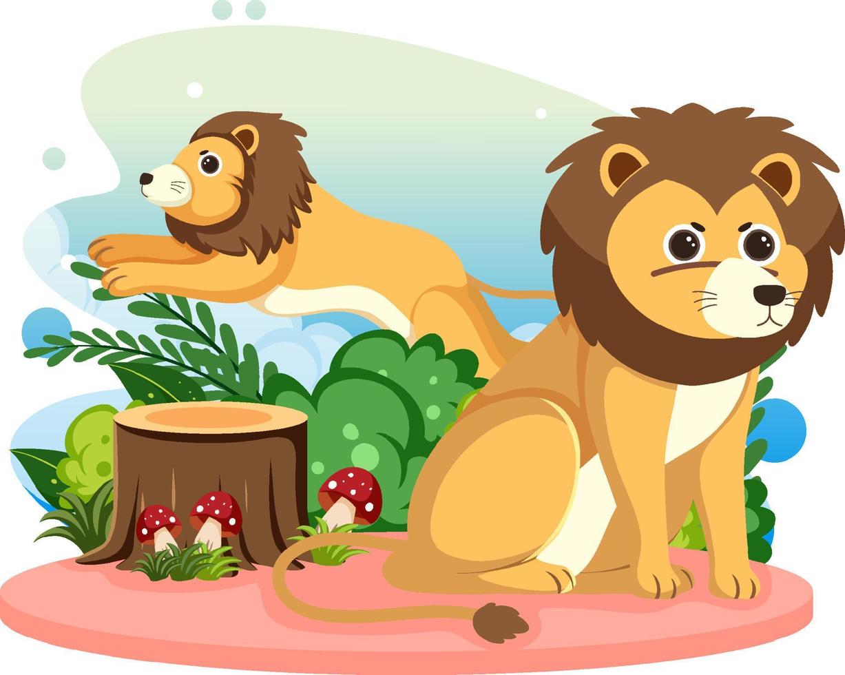 dos lindos leones en estilo de dibujos animados planos vector