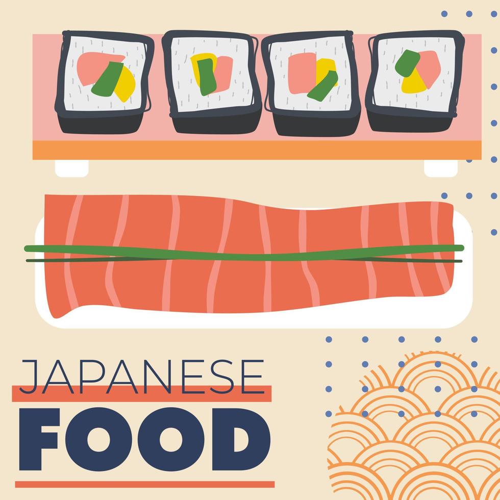 sushi y trozo de carne de pescado con título de comida japonesa vector