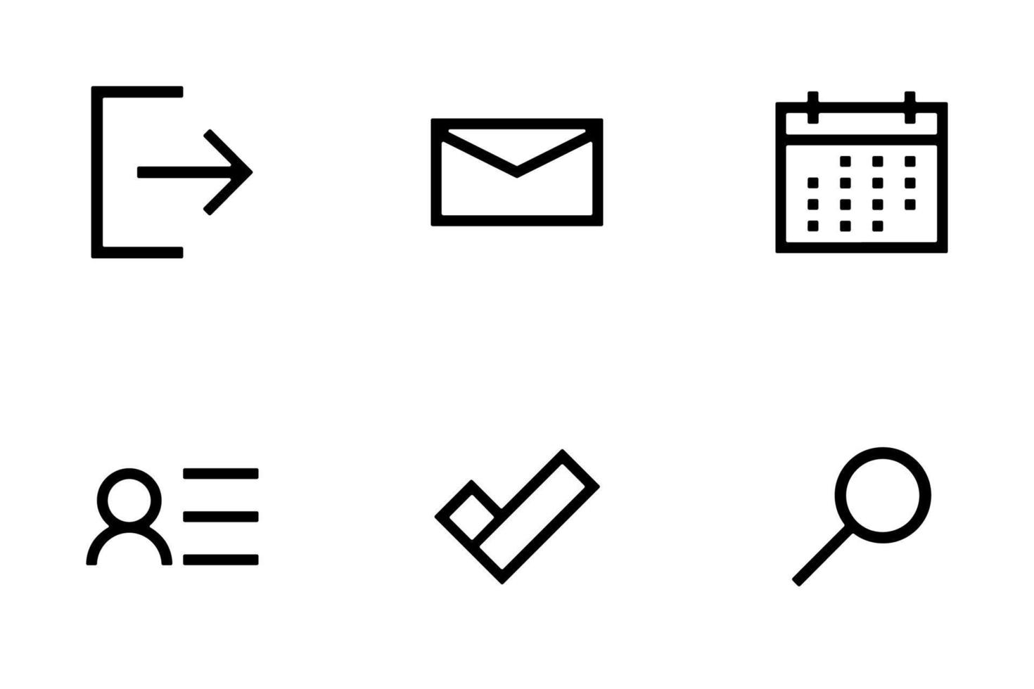 Set of 6 ux-ui outline vector icons. Login, mail, calendar, profile, todo and search black linear icons.