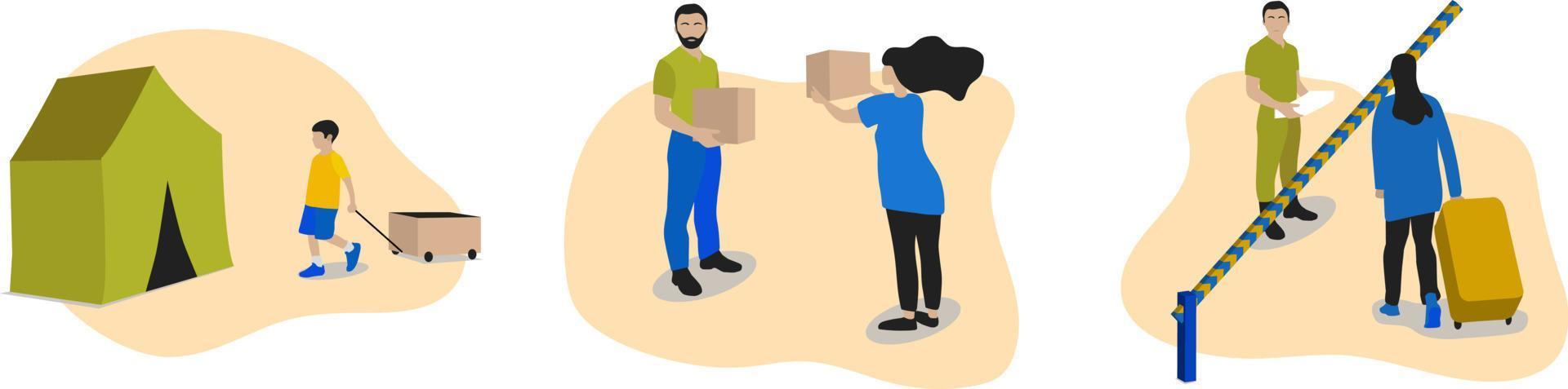 Refugees illustration set. Migrants, volunteers, border control, state aid vector illustration.