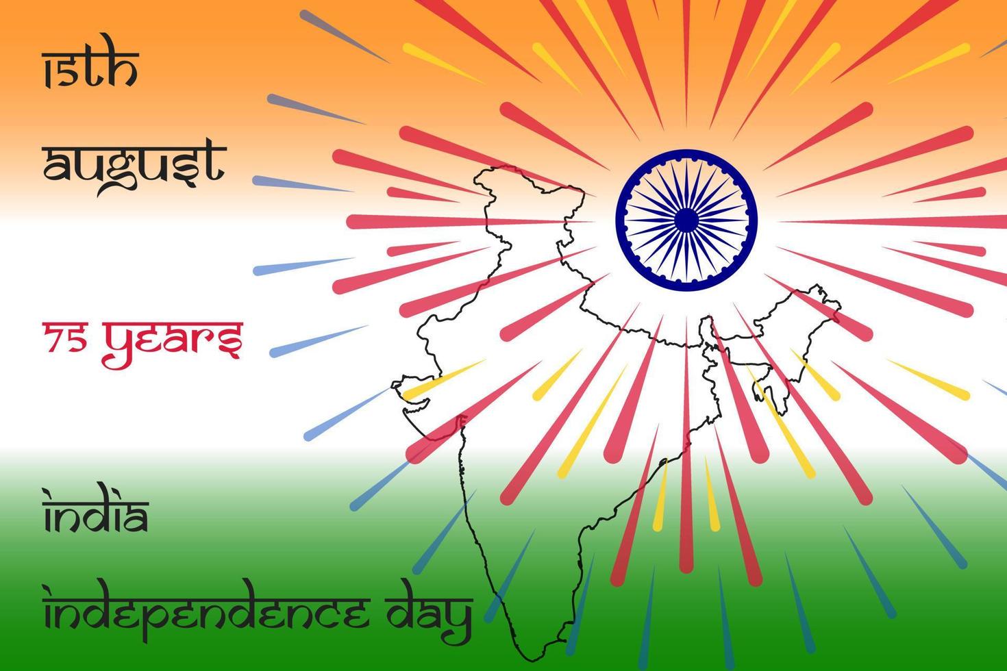 Indian Independence Day 2022 celebrations with text 15 August and 75 years text and Ashoka Wheel and fireworks. Vector illustration concept background.