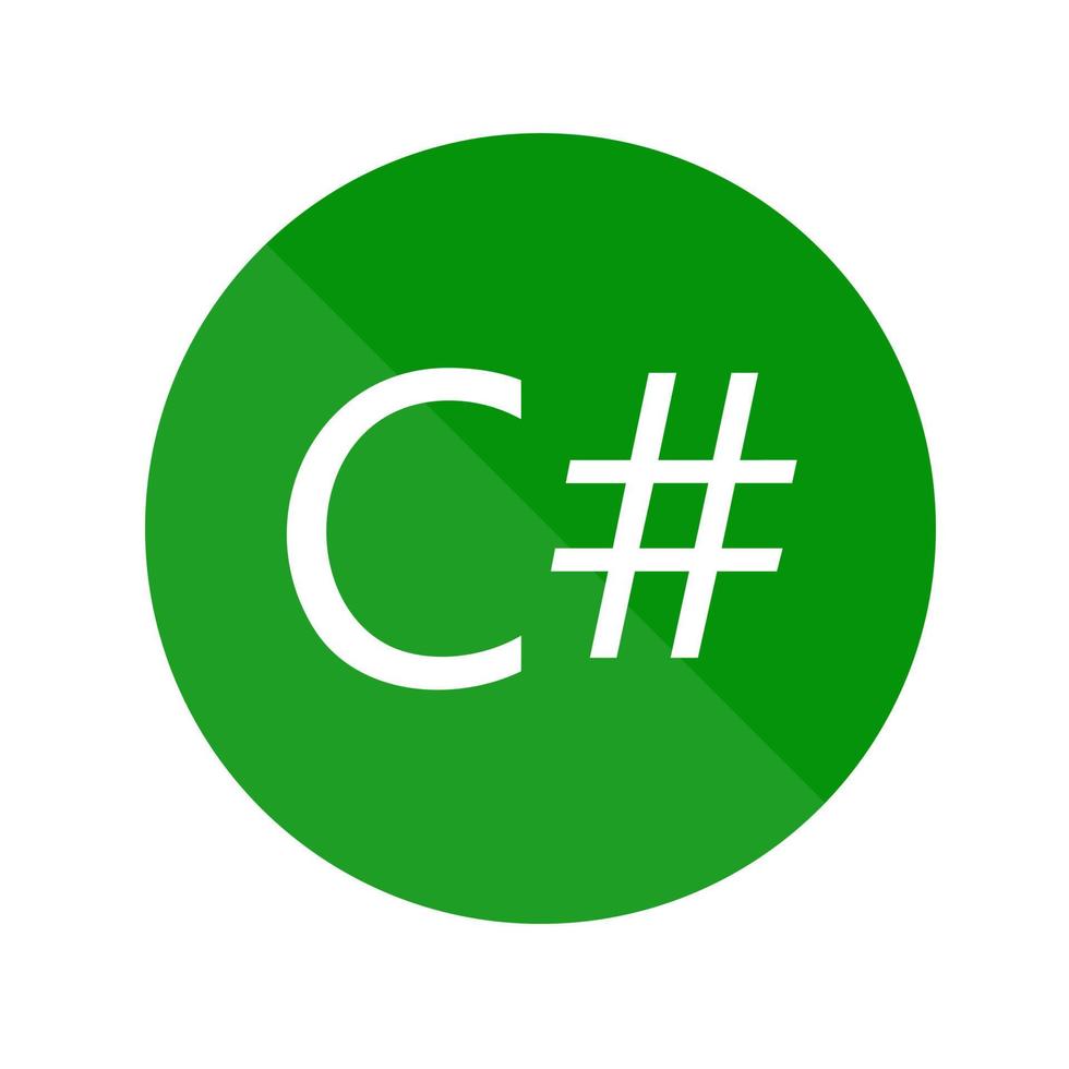 Emblem of C sharp programming language, 2022 year. Green circle with the letter C and number symbol inside. vector