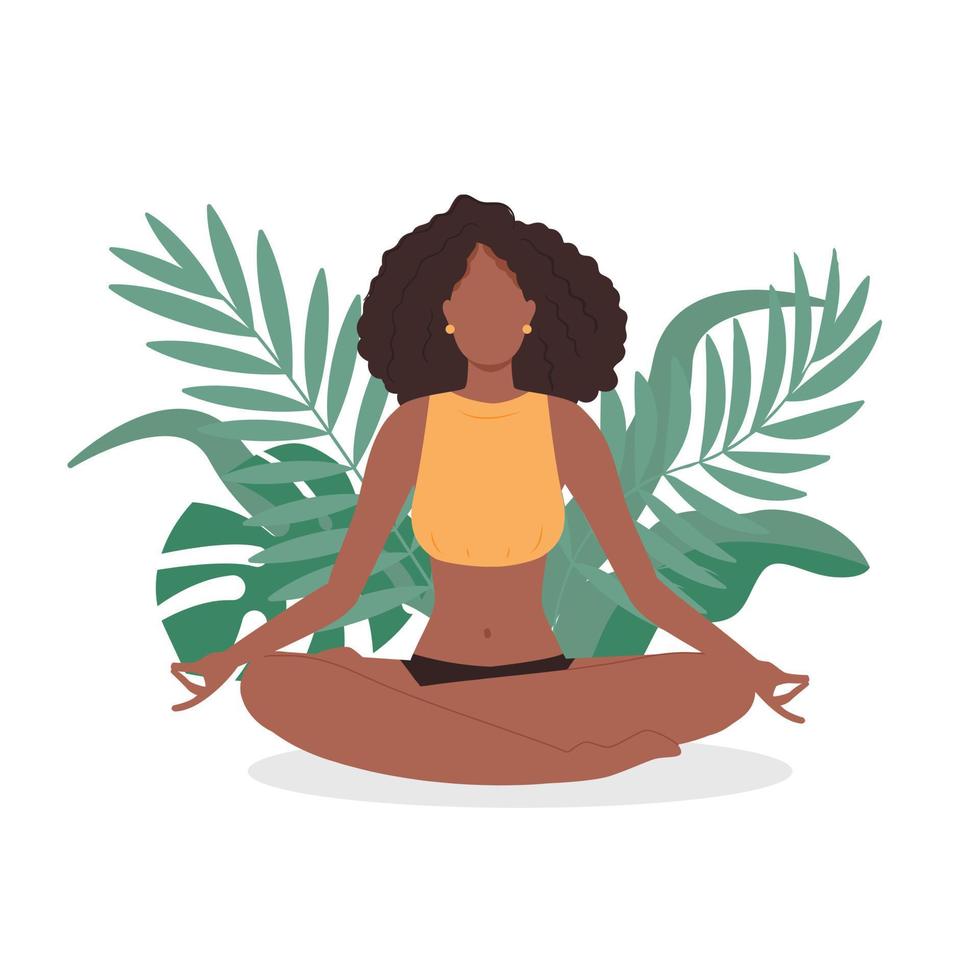 African happy woman meditating in nature and leaves. Concept illustration for yoga, meditation, relax, healthy lifestyle. Vector illustration