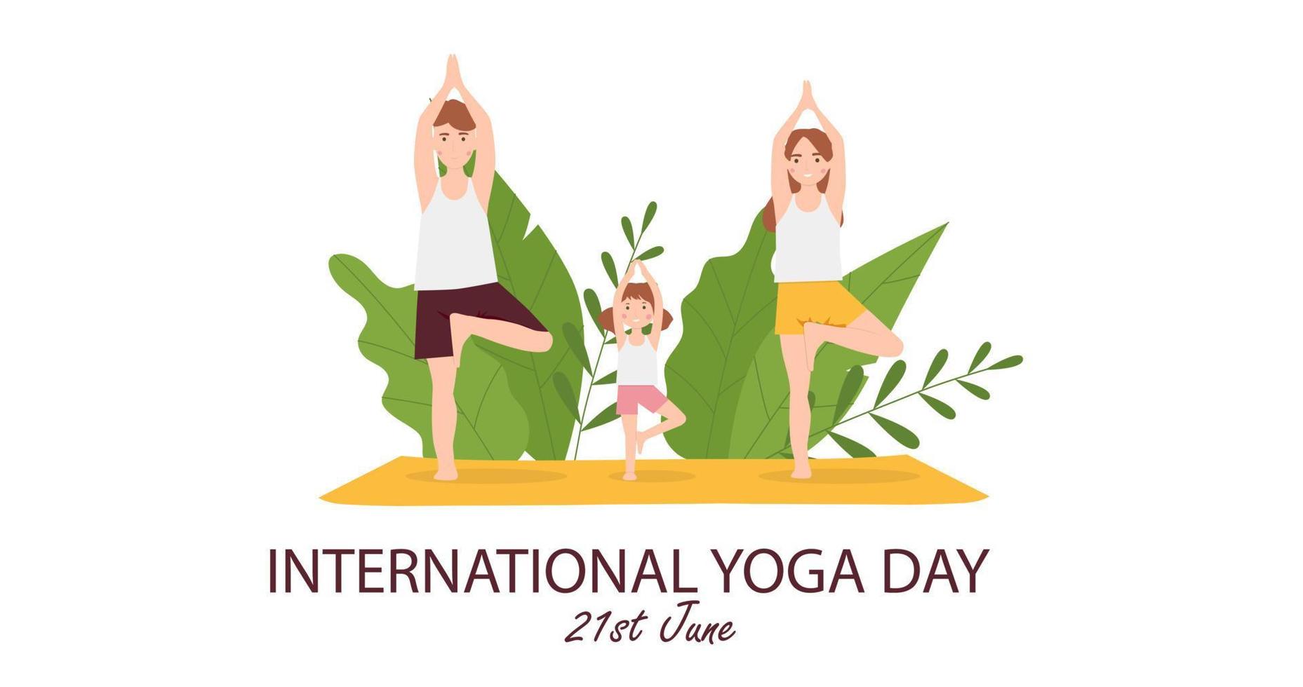 Family practicing yoga in the park. International yoga day. Vector illustration