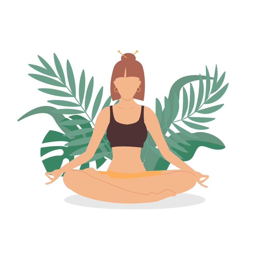 Happy woman meditating in nature and leaves. Concept illustration for yoga, meditation, relax, healthy lifestyle. Vector illustration