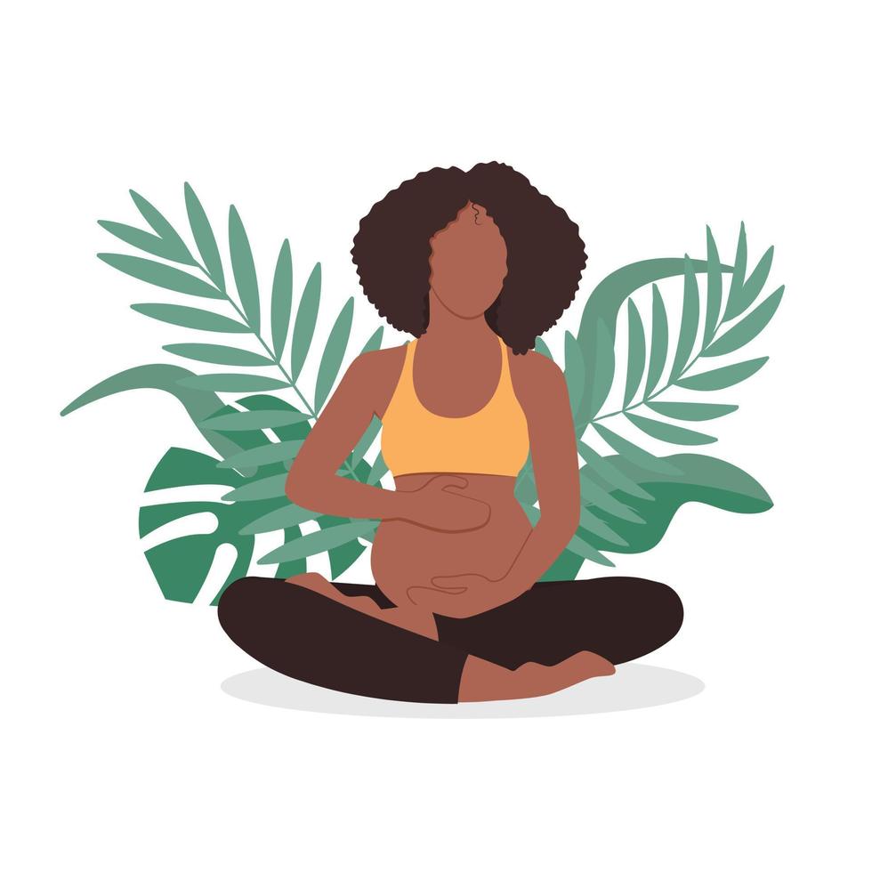 Pregnant African happy woman meditating in nature and leaves. Concept illustration for yoga, meditation, relax, healthy lifestyle. Vector illustration