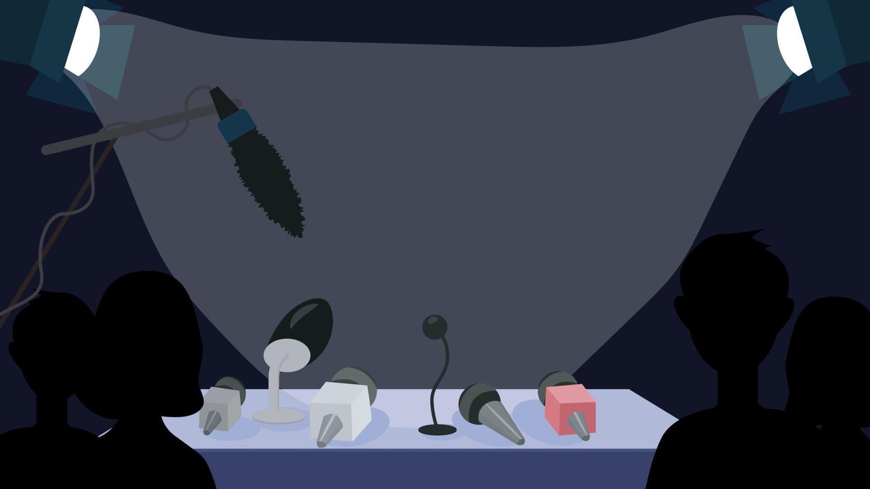 Empty press conference table with microphones. Reporters audience with mics waiting for speaker. Vector illustration