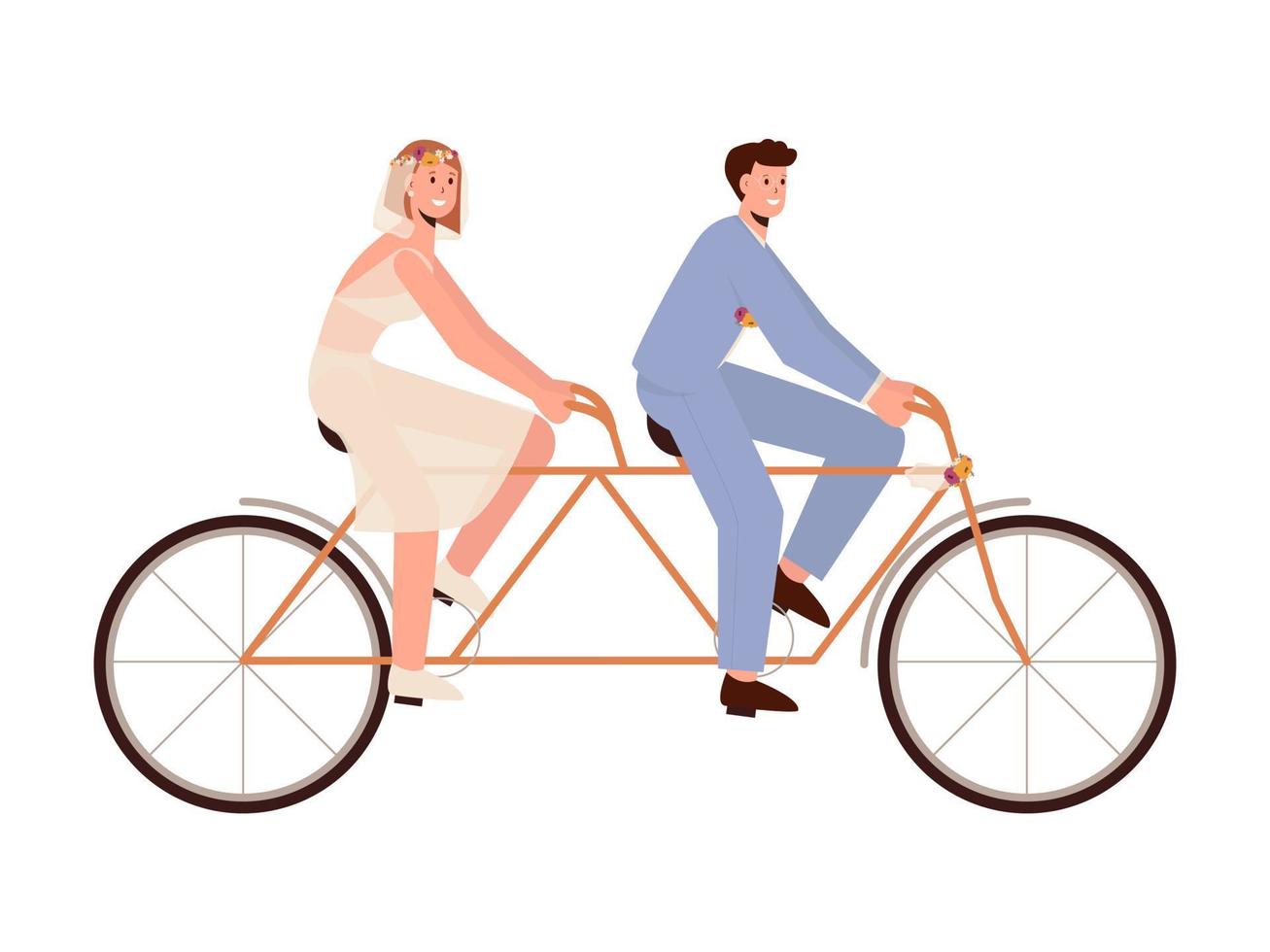 Double bike with the newlyweds. Married couple rides on the bycycle. Vector illustration