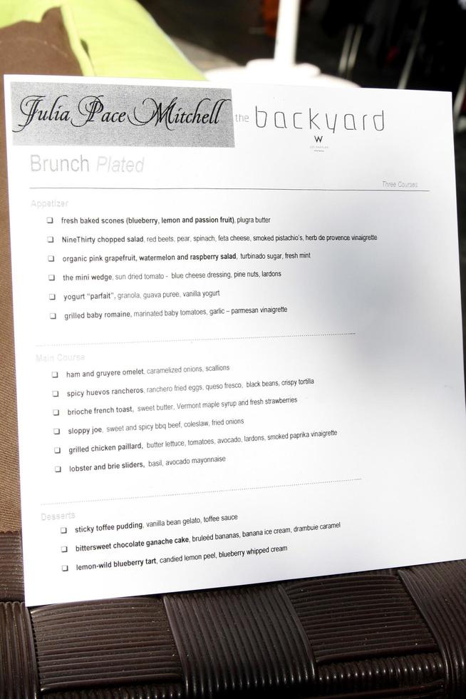 LOS ANGELES, AUG 20 -  Menu at the Julia Pace Mitchell Bridal Shower at the W Hotel, Westwood on August 20, 2011 in Westwood, CA photo