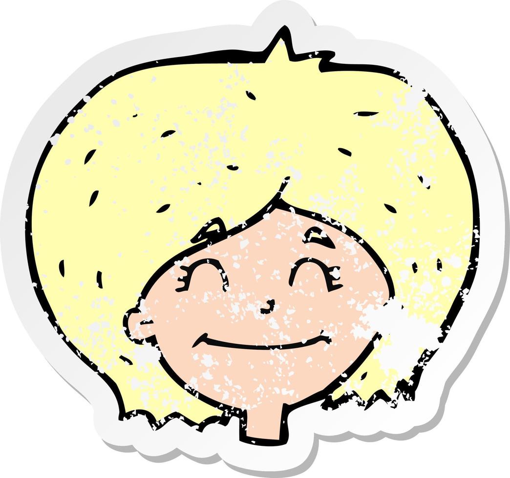 retro distressed sticker of a cartoon happy female face vector