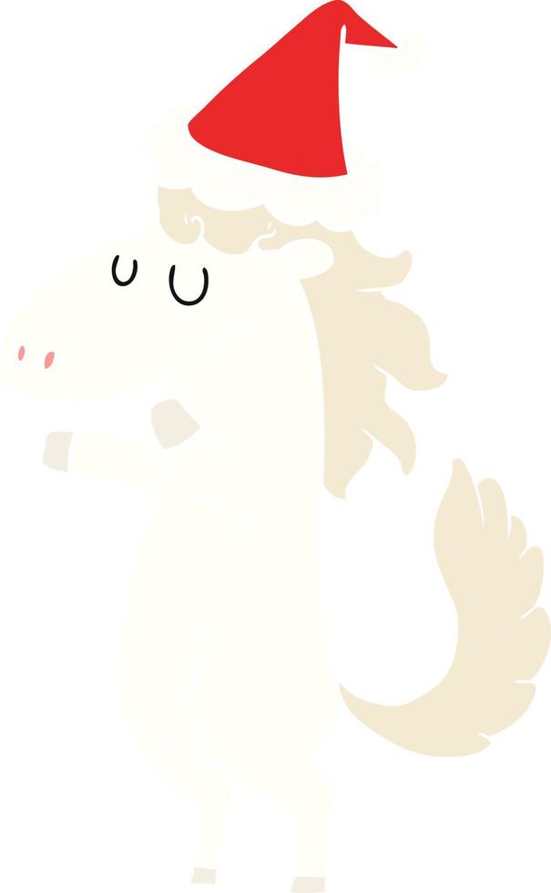 flat color illustration of a horse wearing santa hat vector