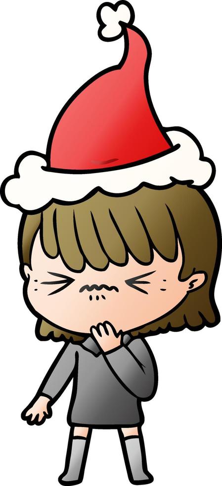 gradient cartoon of a girl regretting a mistake wearing santa hat vector