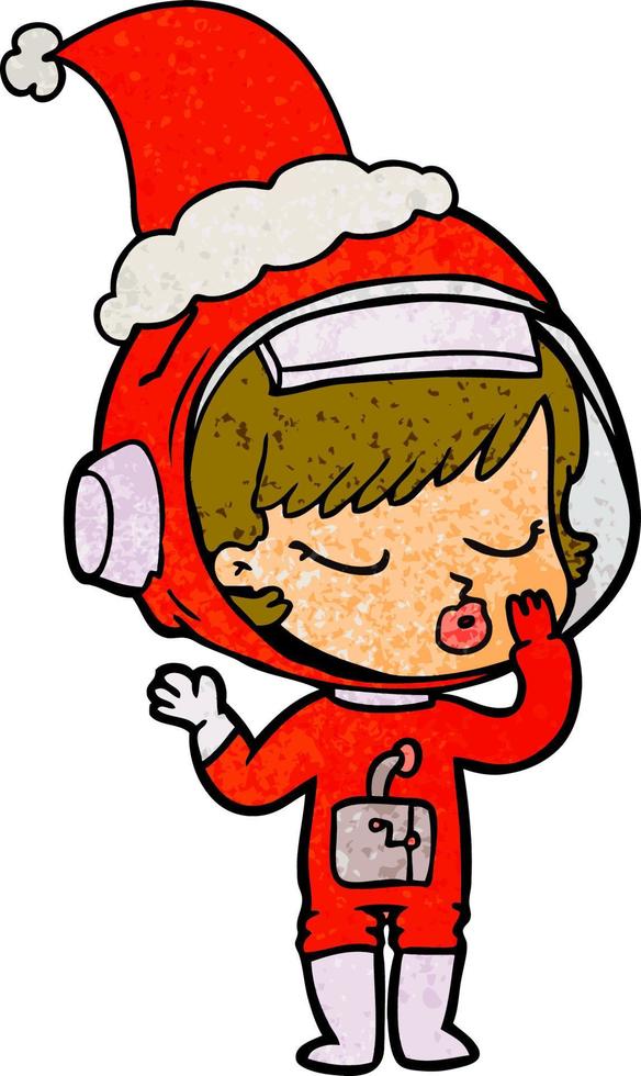 textured cartoon of a pretty astronaut girl wearing santa hat vector