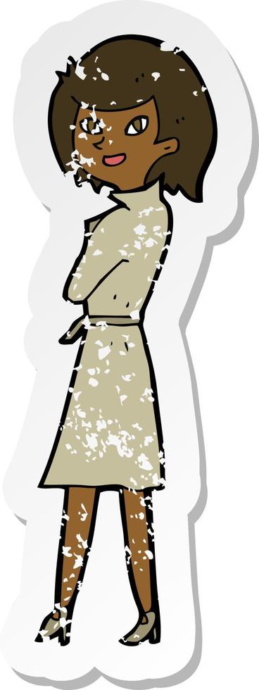 retro distressed sticker of a cartoon woman in trench coat vector