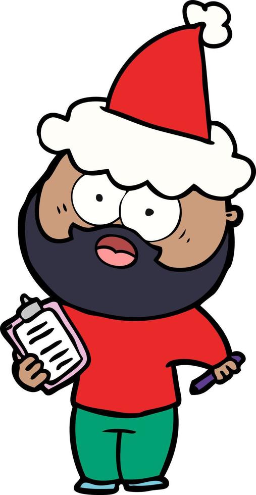 line drawing of a bearded man with clipboard and pen wearing santa hat vector