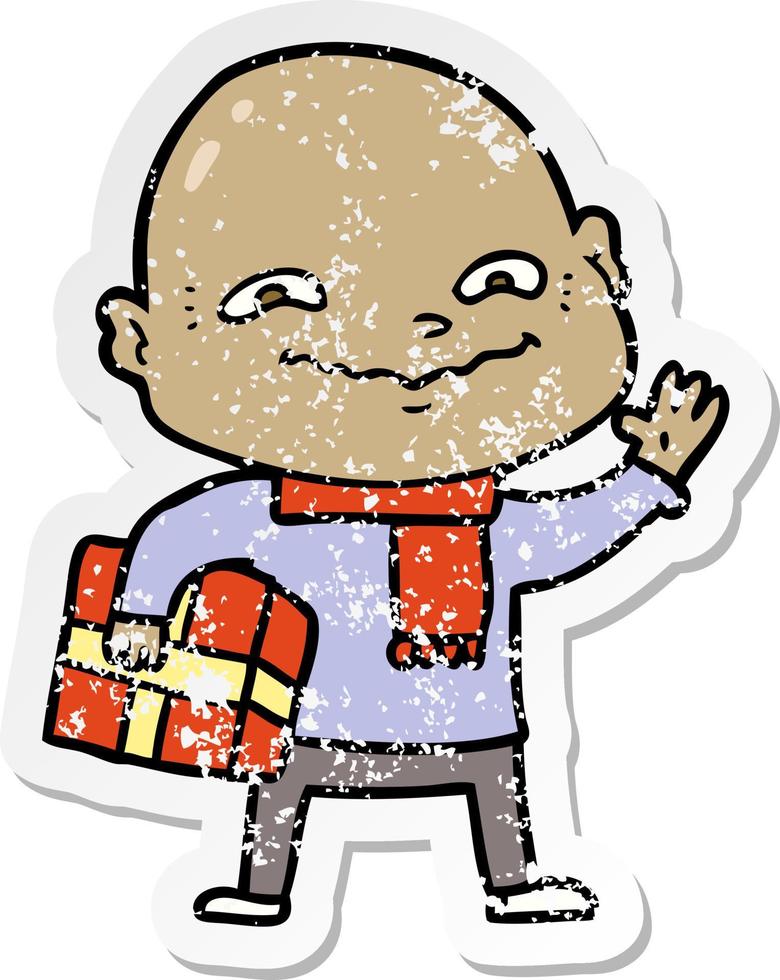 distressed sticker of a cartoon nervous man with xmas present vector