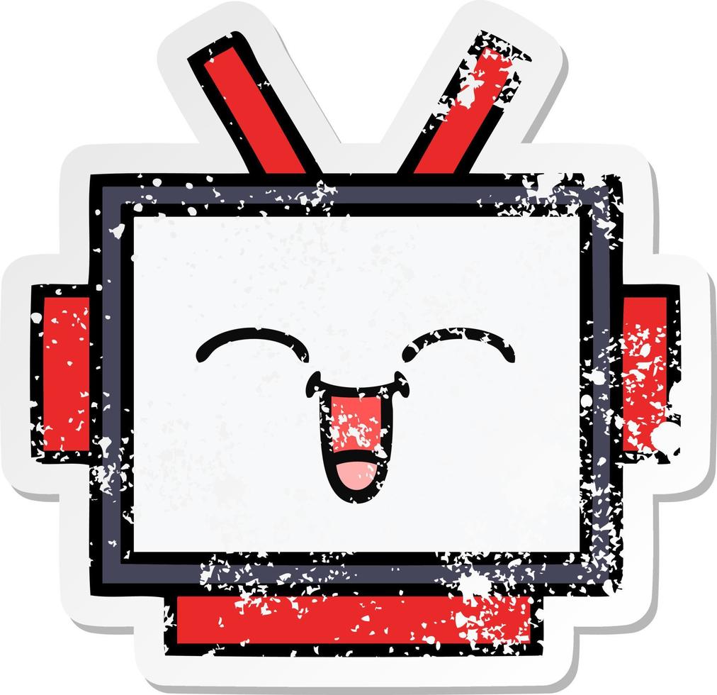 distressed sticker of a cute cartoon robot head vector